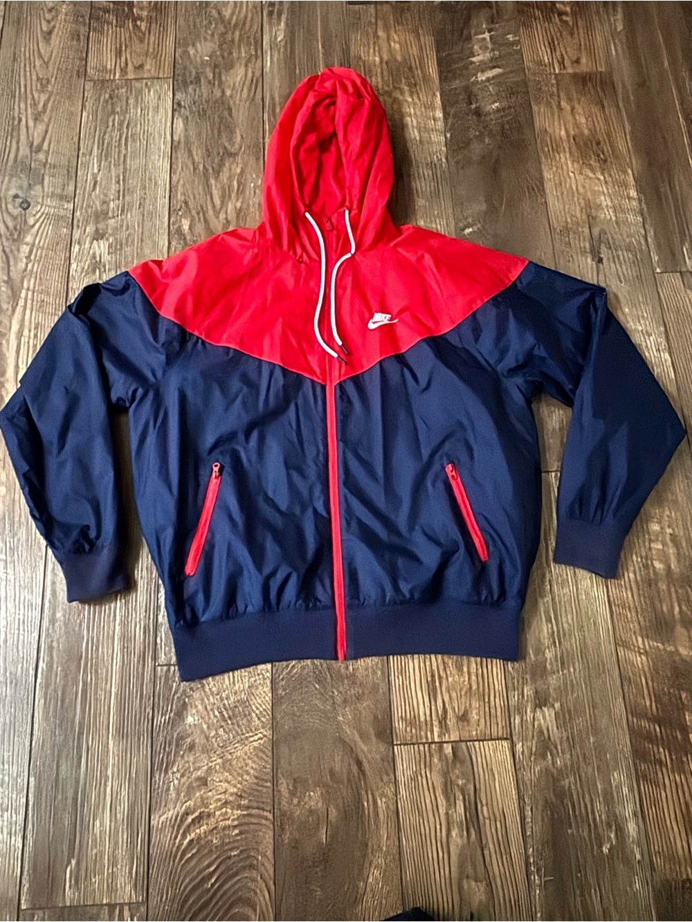 Nike Windrunner Hood Jacket Mens Red Navy Colorblock Full Zip Windbreaker Medium